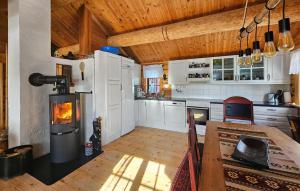 a kitchen with a woodburning stove and a table in it at 6 Bedroom Lovely Home In Treungen in Fjone