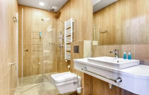 uma casa de banho com um lavatório, um WC e um chuveiro em Lovely Apartment In Hel With Kitchen em Hel