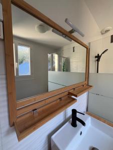 uma casa de banho com um espelho por cima de um lavatório em L'entre nous, Superbe Maison au centre de St Aignan em Saint-Aignan