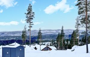 a small blue building in the snow with trees at Awesome Apartment In Idre With House A Panoramic View in Idre