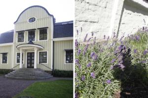 dos fotos de un edificio con flores púrpuras en Villastadens Pendlarbostad en Gävle