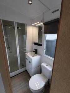 een kleine badkamer met een toilet en een douche bij Stacaravan op 5 Sterren Vakantiepark De Kuilart Friesland aan het Meer met Zwembad 5P 116 in Koudum