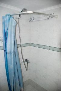 a shower with a blue shower curtain in a bathroom at Gaia garden house in Gáïa