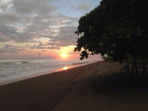 a sunset on a beach with trees in the foreground at Dreamy Contentment in Matapalo