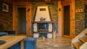 a living room with a stone fireplace and a mirror at Jaworowa Osada in Brenna