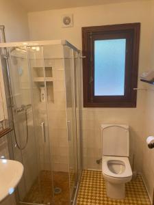 a bathroom with a toilet and a glass shower at villaquinta in La Herradura