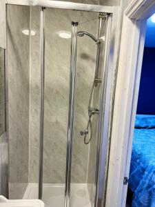 a shower with a glass door in a bathroom at Nice and Pleasant in Thornton Heath