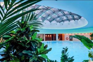 a large swimming pool in a building with plants at Hanza Tower Gold - 24 Pool & SPA in Szczecin