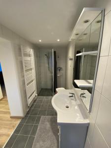 a white bathroom with a sink and a shower at Gite Du Verger in Diebolsheim +11 photos