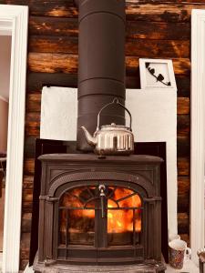 a fireplace with a pot on top of it at ForRest unikt designat hus mitt i skogen in Alfta