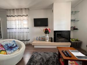 uma sala de estar com lareira e televisão em Moradia alegre no centro da Vila da Tocha. em Tocha