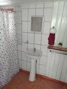 baño con lavabo y cortina de ducha en Mi refugio arbolado, en Cabrero