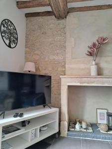 a living room with a fireplace and a tv at La petite bajocasse in Bayeux