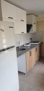a kitchen with a white refrigerator and a sink at Daphne Pansiyon in Bergama