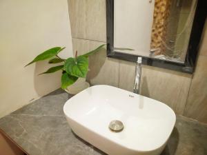lavabo blanco en un baño con maceta en AUREIRIN GUESTHOUSE en Banyuwangi