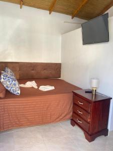 1 dormitorio con 1 cama con cómoda y TV en Villa Bellevue, en San Felipe de Puerto Plata