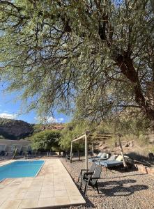 uma árvore com duas cadeiras e uma piscina em El Chiflon Posta Pueblo em El Chiflón