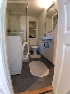 La salle de bains est pourvue de toilettes, d'un lavabo et d'une douche. dans l'établissement By the sea apartment, à Stavanger