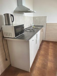 a kitchen with a microwave and a stove top oven at HGS Home Noclegi PARKING in Gorzów Wielkopolski