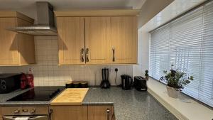 a kitchen with wooden cabinets and a counter top at Hummingbird House in Cockermouth