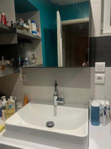 a white sink in a bathroom with a mirror at Chambre dans jolie nature in Auxi-le-Château