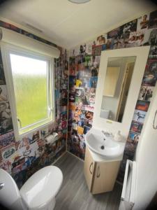 a bathroom with a toilet and a sink and a mirror at MP39 Parkdean Camber Sands in Camber