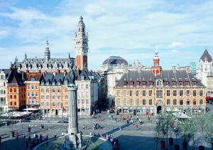 une ville avec une tour de l'horloge et un grand bâtiment dans l'établissement T3 moderne et neuf à 5 min Lille-Centre, à Lille