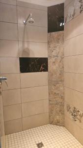 a bathroom with a shower with a stone wall at Urbanzuluhouse in Johannesburg