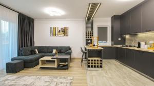 Il comprend un salon avec un canapé et une cuisine. dans l'établissement MO Apartment One, à Braşov