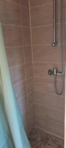 a shower with a brown tiled shower stall at Jolie Roulotte in Issendolus