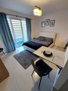 熱舒夫的住宿－Apartament Olif，一间卧室配有一张床、一张桌子和一张桌子