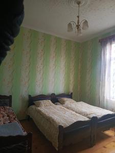 um quarto com uma cama e papel de parede verde em Nelli guest house em Sayeliavo