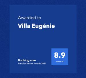 a blue square with the words awarded to villa eugeniae at Villa Eugénie in Saint-Martin-du-Var