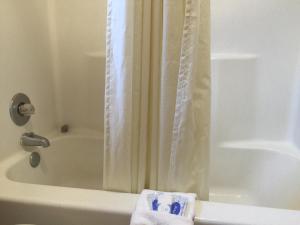 bañera blanca con cortina de ducha y lavamanos en Seminole Inn, en Seminole