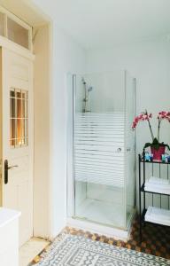 a glass shower stall with a vase of flowers in a bathroom at Eden Hotel in Haifa