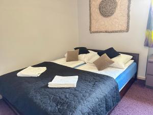 シュクラルスカ・ポレンバにあるAPARTAMENT NAD KAMIEŃCZYKIEM IIのベッドルーム1室(ベッド1台、タオル2枚付)