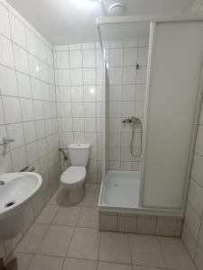 y baño con ducha, aseo y lavamanos. en Hotel Kęszyca Leśna, en Kęszyca