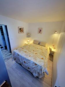 um quarto com uma cama num quarto com 2 candeeiros em Charmant appartement type T2 proche de la mer em Le Grau-du-Roi