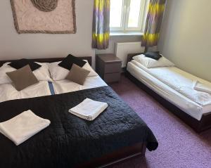 シュクラルスカ・ポレンバにあるAPARTAMENT NAD KAMIEŃCZYKIEM IIのベッドルーム1室(ベッド2台、タオル付)