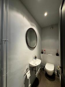 La salle de bains est pourvue de toilettes, d'un lavabo et d'un miroir. dans l'établissement Appartement Eaux Vives The Happy Place Lake Side, à Genève