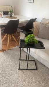 una sala de estar con una mesa con una planta en Phantasialand Appartement 6 PERS, en Brühl