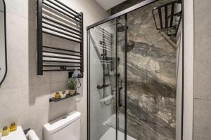 a bathroom with a shower with a toilet and a glass at Luxury flat Mayor II in Madrid