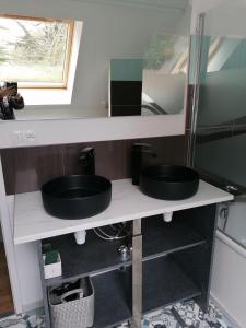 Baño con 2 lavabos en un estante con espejo en Maison Rive Douce - Charmante maison avec jardin, en Plouër-sur-Rance