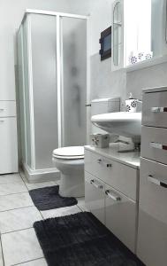 a bathroom with a shower and a toilet and a sink at Villa Giardiso in Valguarnera Caropepe