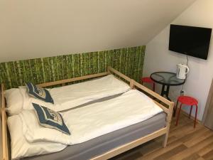 a bed in a room with a tv and a table at House Hostelli in Grzybowo