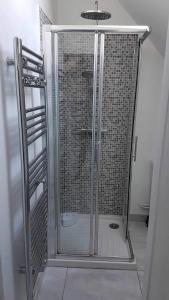 La salle de bains est pourvue d'une douche avec une porte en verre. dans l'établissement JADE ET JENA, à Bazicourt