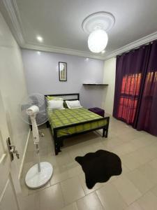 1 dormitorio con 1 cama con ventilador y alfombra en Grand yoff 1, en Ziguinchor