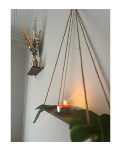 a candle on a shelf next to a wall with a plant at Pura Vida Apartment in Catania