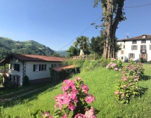 ein Haus mit rosa Blumen im Hof in der Unterkunft Etxezurialde ll in Valcarlos