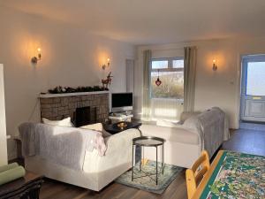 a living room with a couch and a fireplace at Cottage 465 - Cashel in Carna